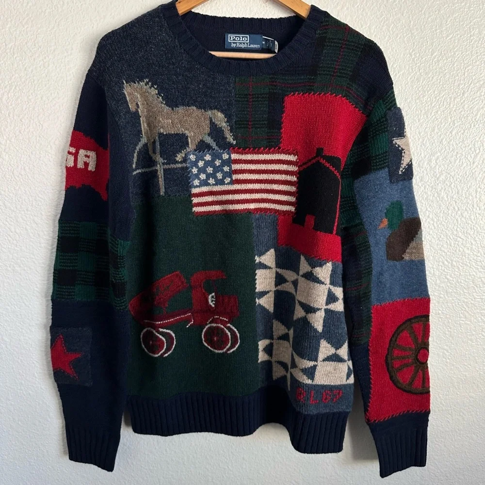 Polo Ralph Lauren Patchwork Wool Polo Country Sweater Equestrian Mallard Medium